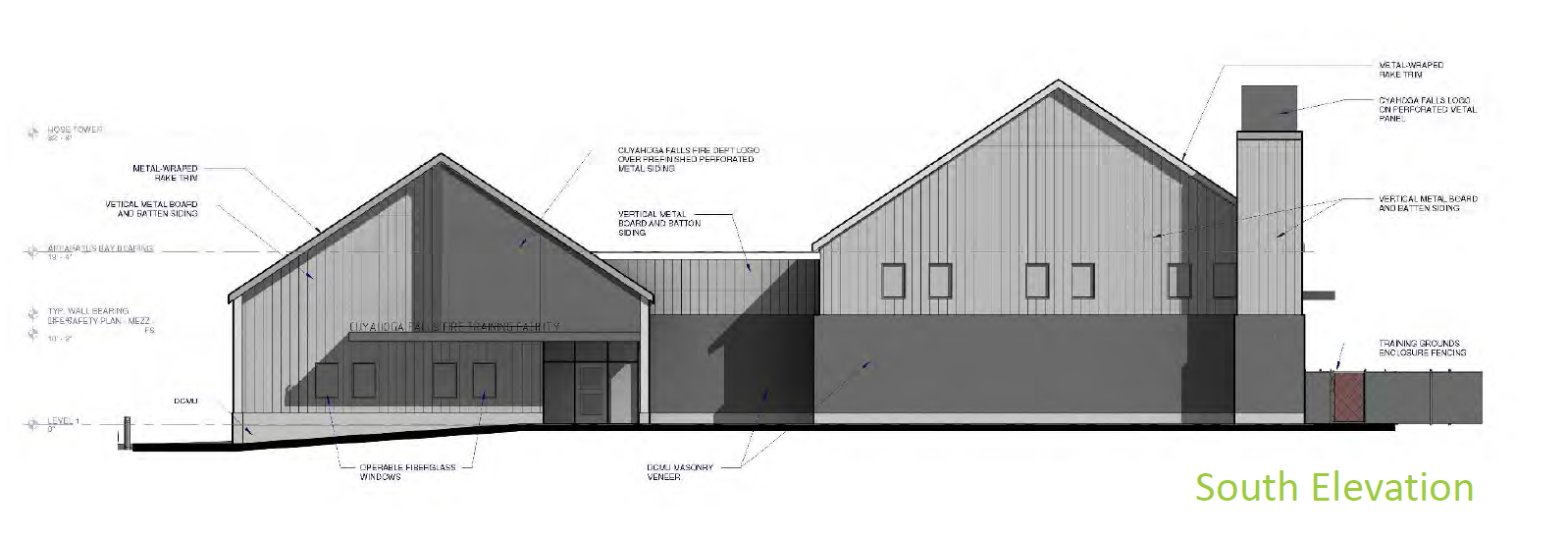 Architectural south elevation of the Falls Training Complex